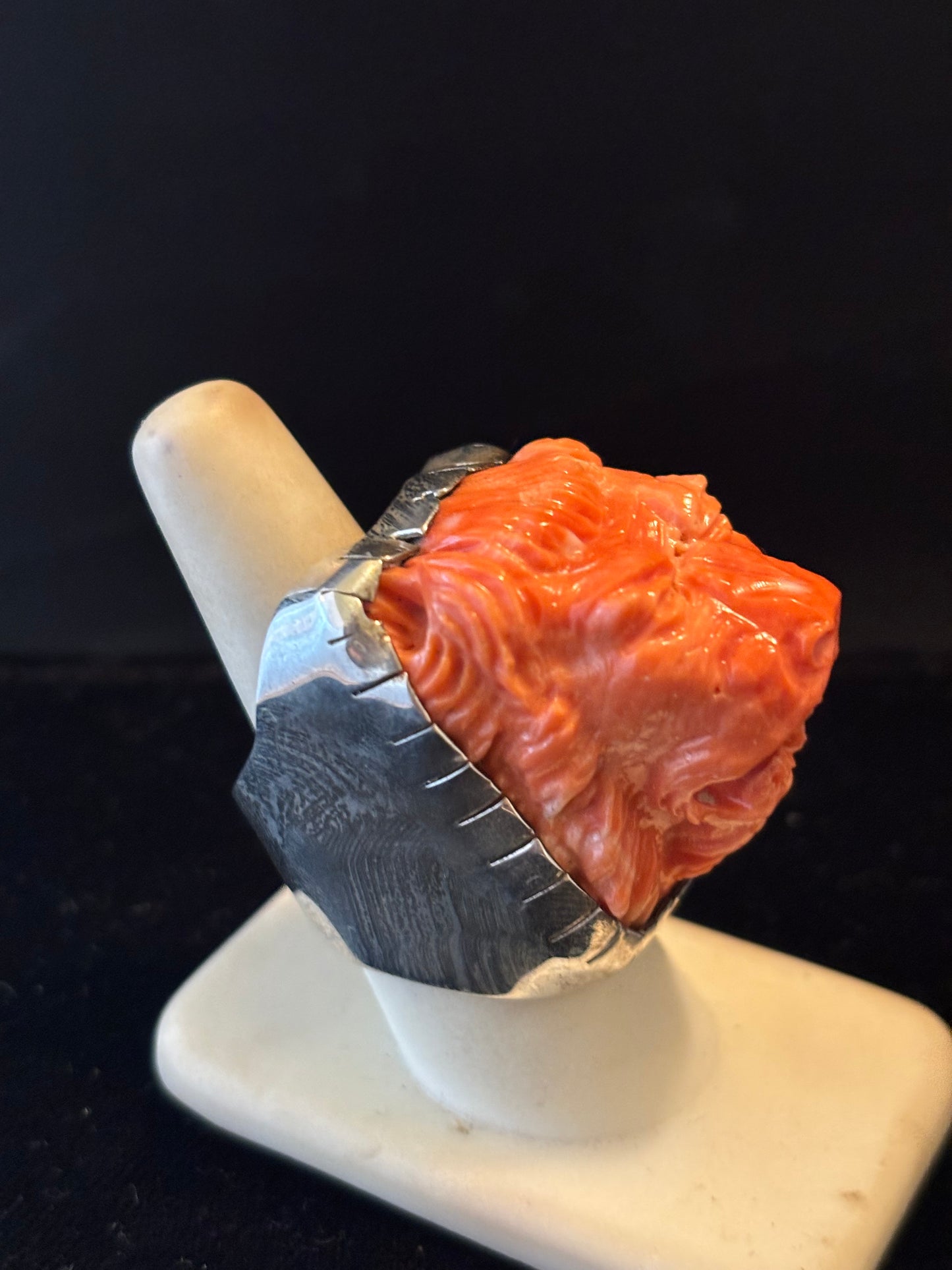 Italian Orange Coral Lion Ring