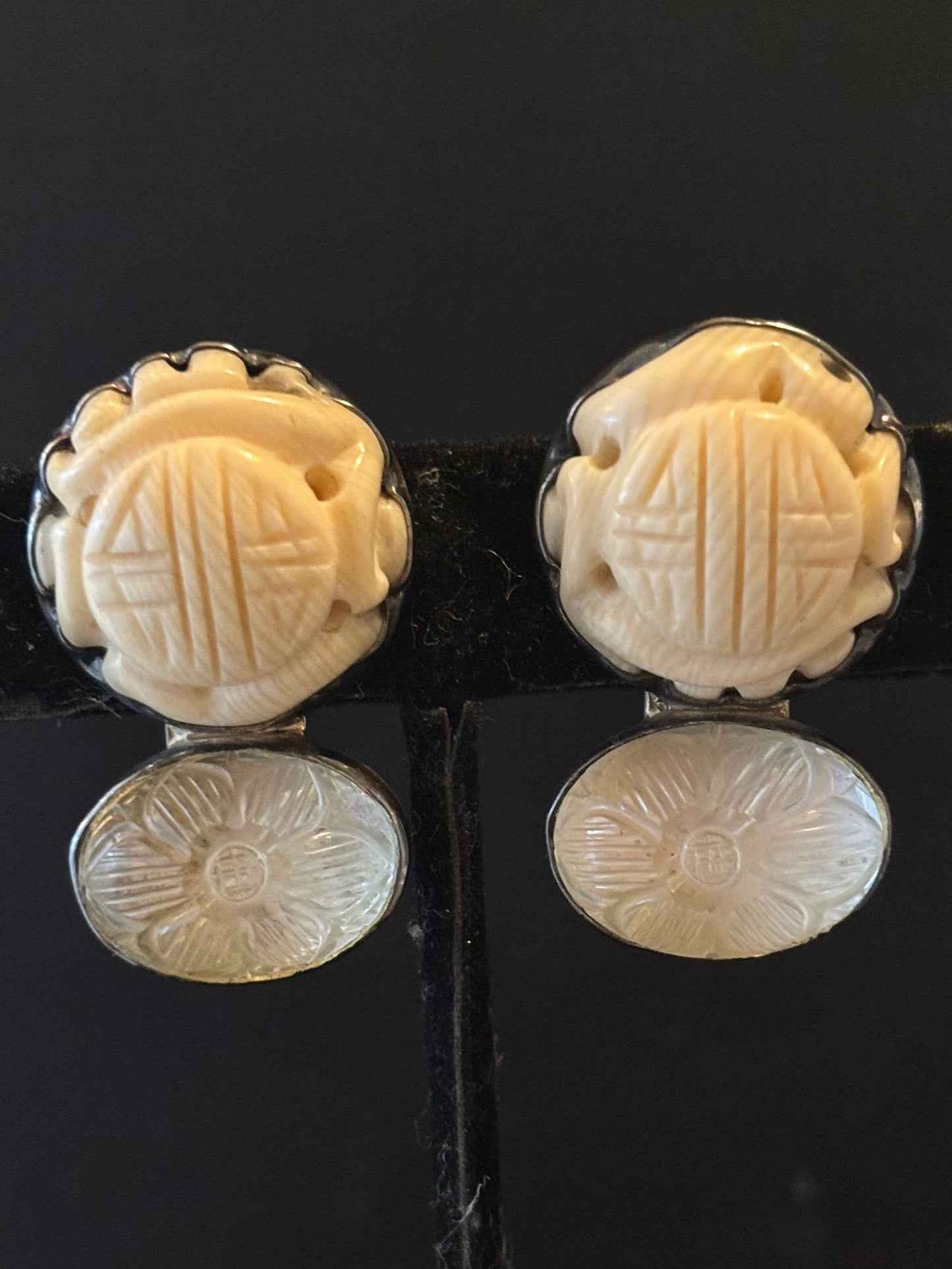 Carved Bone, Carved Flower Crystal Earring
