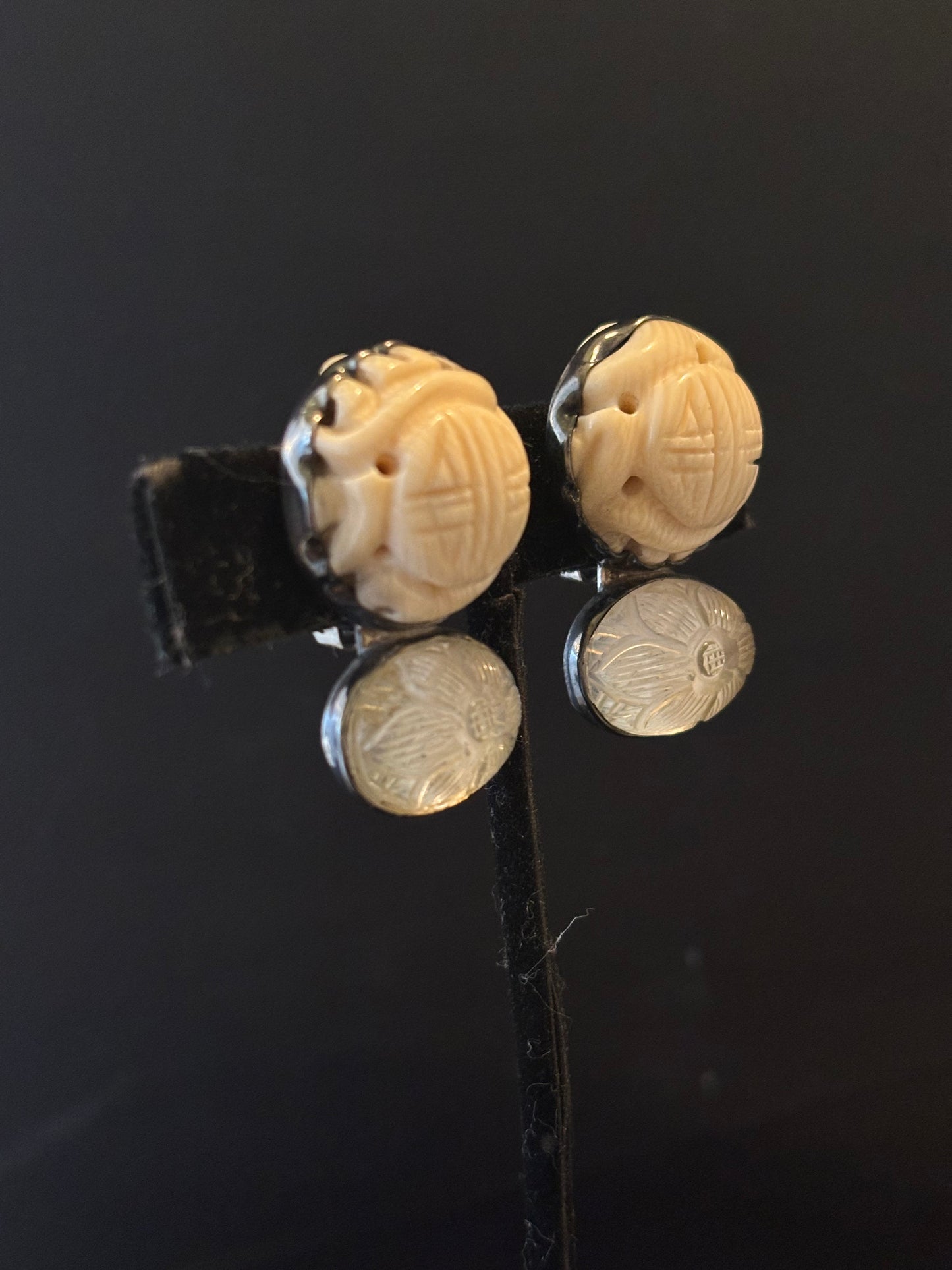 Carved Bone, Carved Flower Crystal Earring