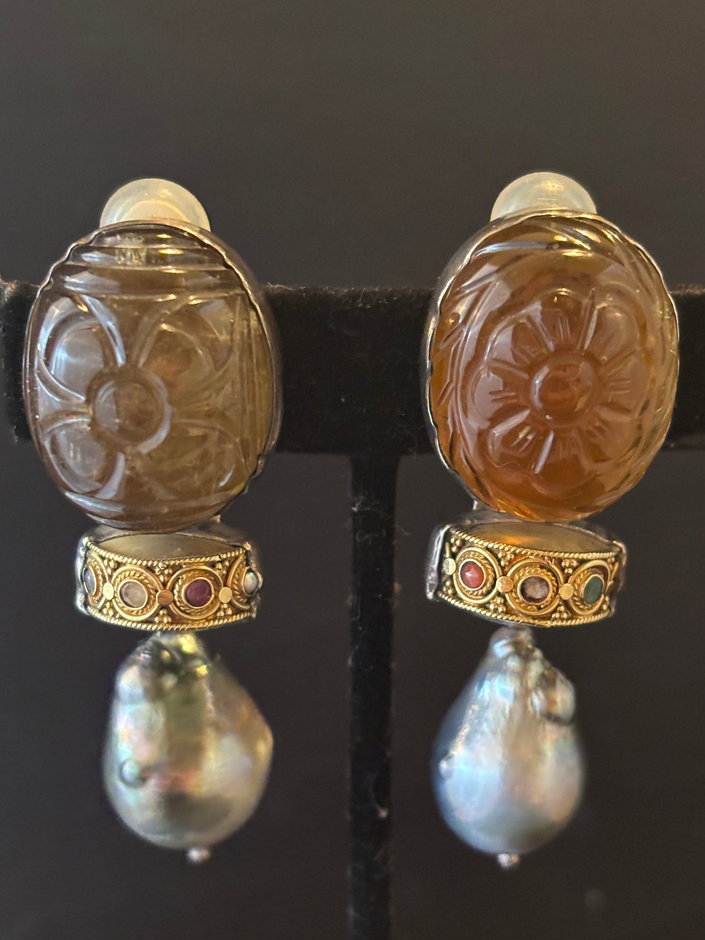 Carved Flower Citrine, 24K Dowry bead, Gray South Sea Pearl
