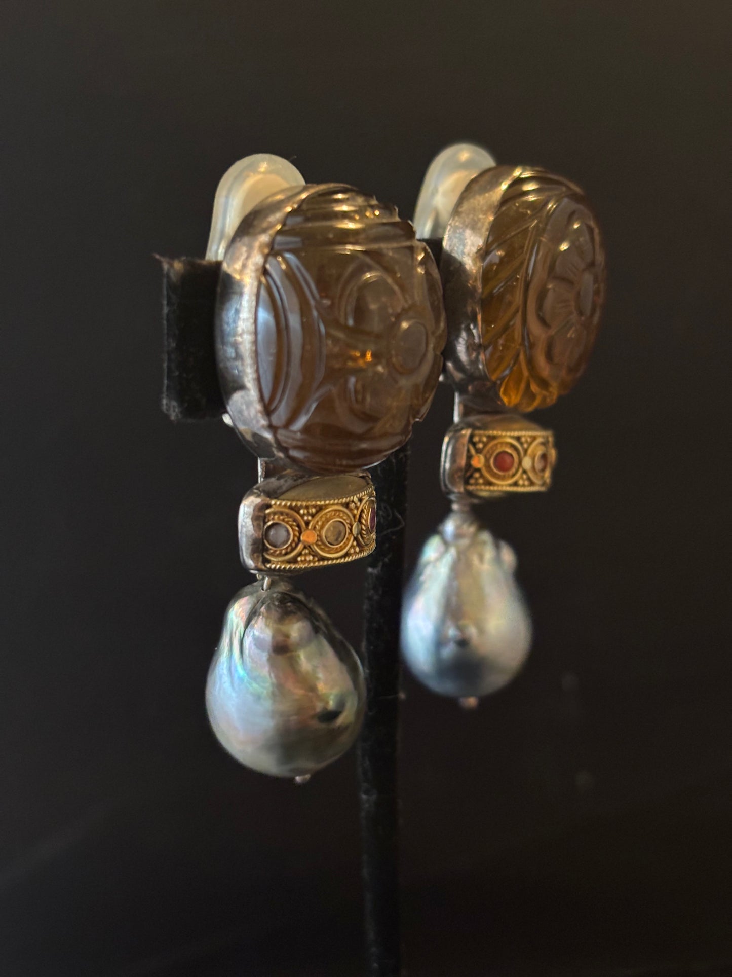 Carved Flower Citrine, 24K Dowry bead, Gray South Sea Pearl