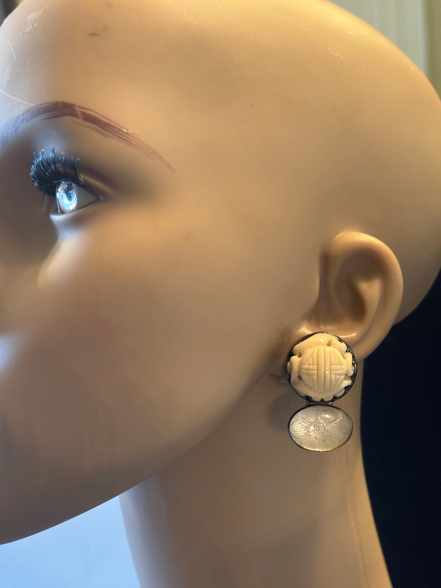 Carved Bone, Carved Flower Crystal Earring