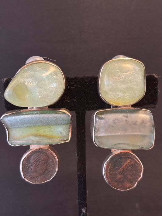 Aquamarine, Japanese glass, Old Roman Coin Earring