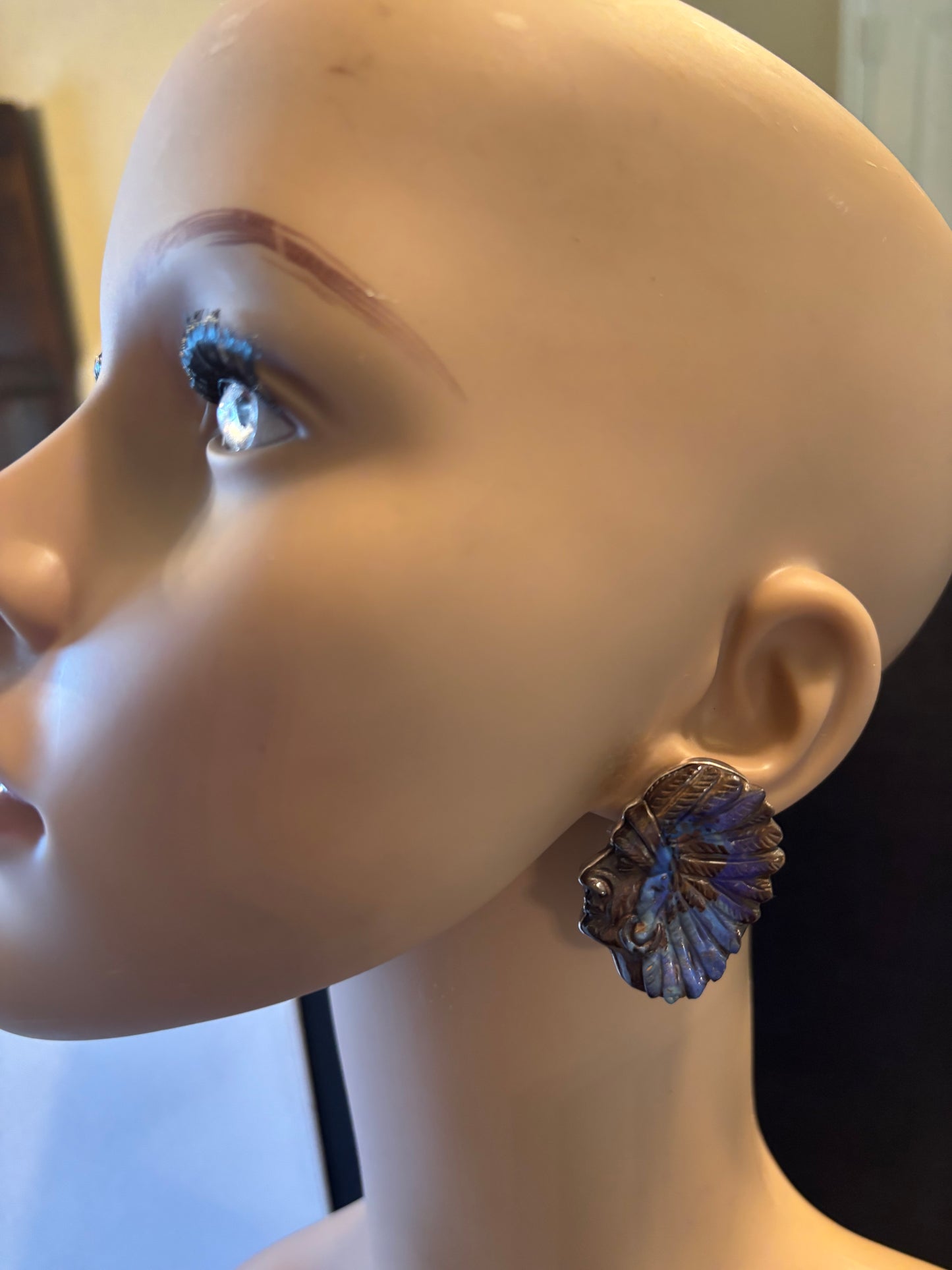 Carved Boulder Opal Indian Head Earring