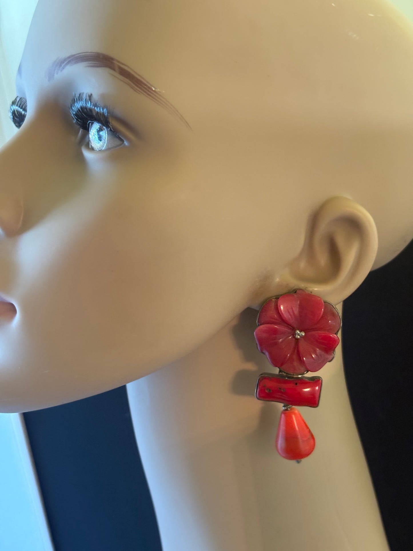 Carved Red Agate, Coral Earring