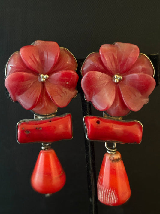 Carved Red Agate, Coral Earring