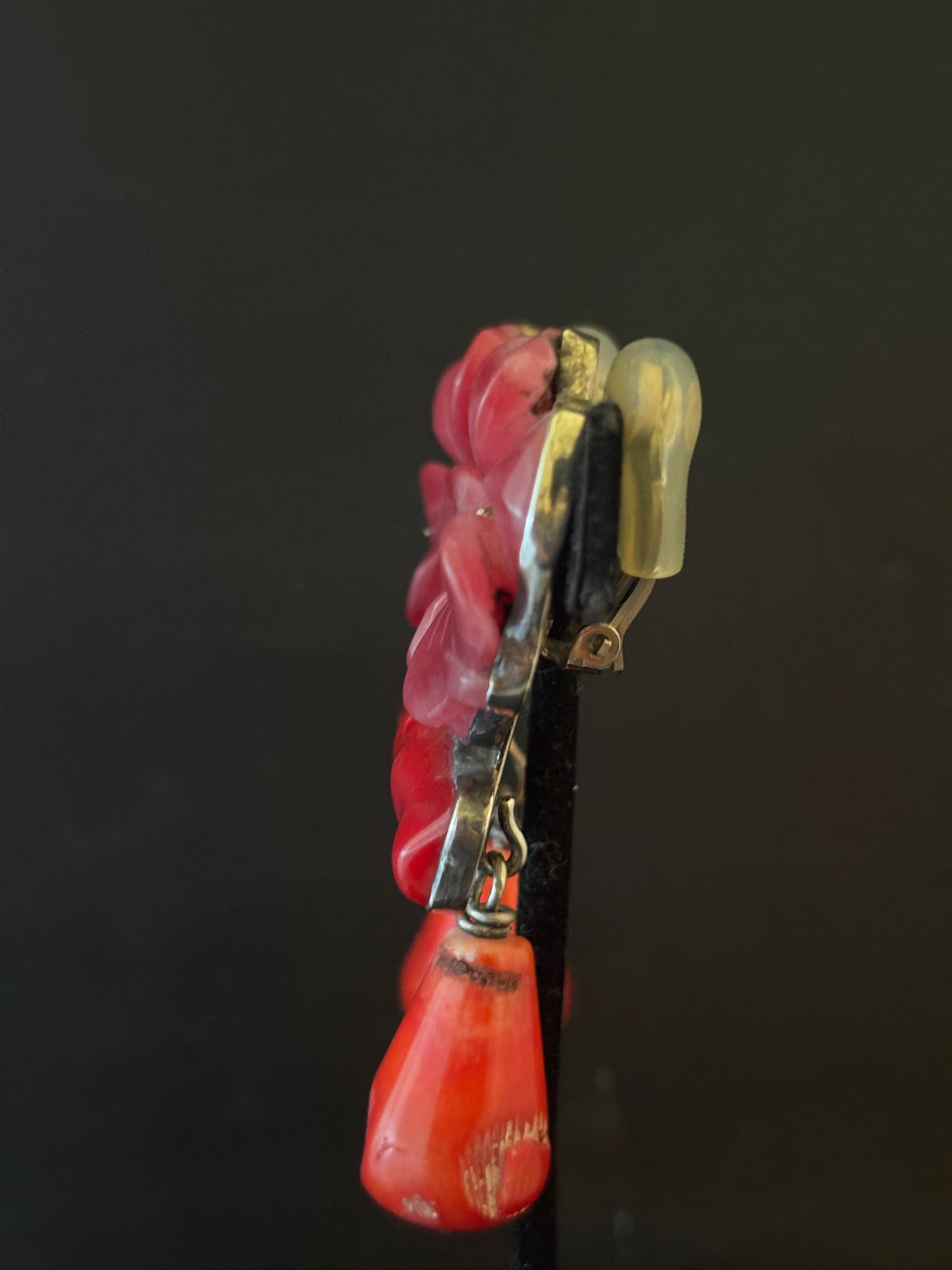 Carved Red Agate, Coral Earring
