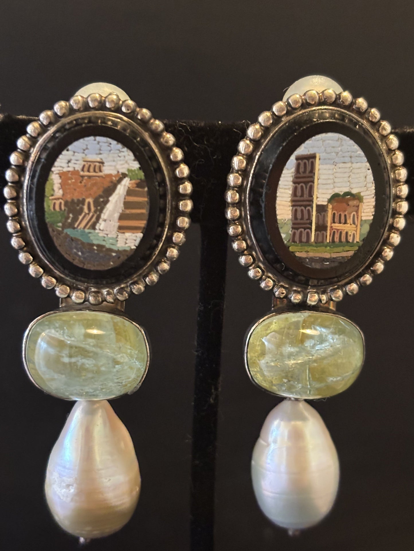 Micro mosaic, Aquamarine, Biwa Pearl Earring