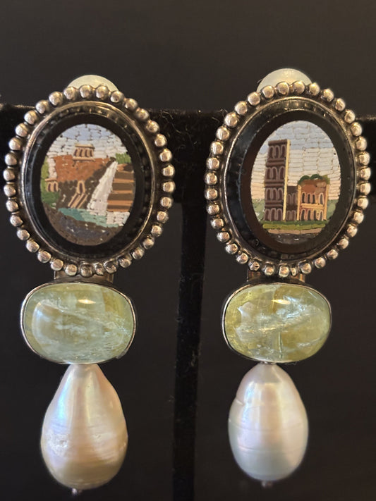 Micro mosaic, Aquamarine, Biwa Pearl Earring