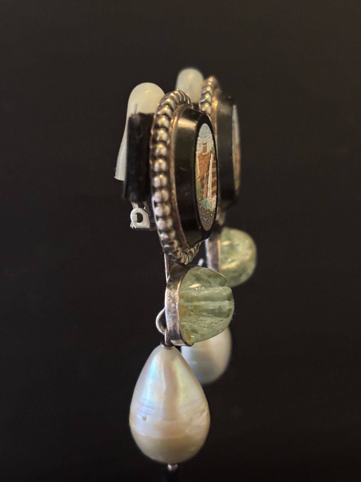 Micro mosaic, Aquamarine, Biwa Pearl Earring