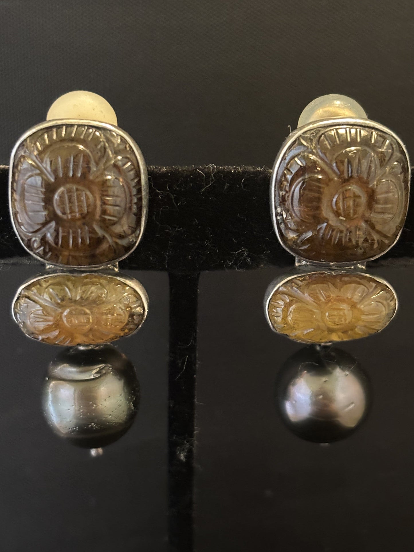 Carved Smokey Quartz, Citrine Quartz, Dark pearl earring