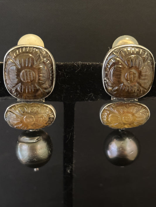 Carved Smokey Quartz, Citrine Quartz, Dark pearl earring
