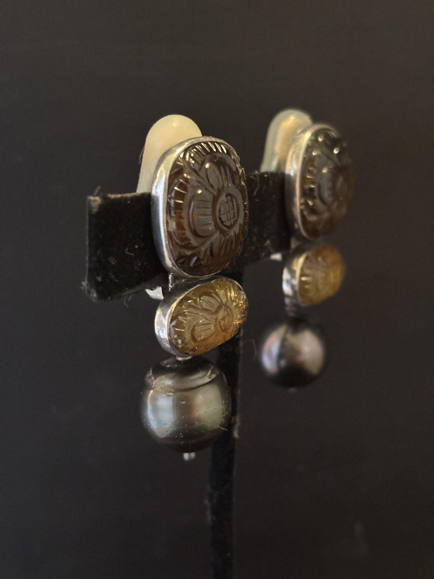 Carved Smokey Quartz, Citrine Quartz, Dark pearl earring