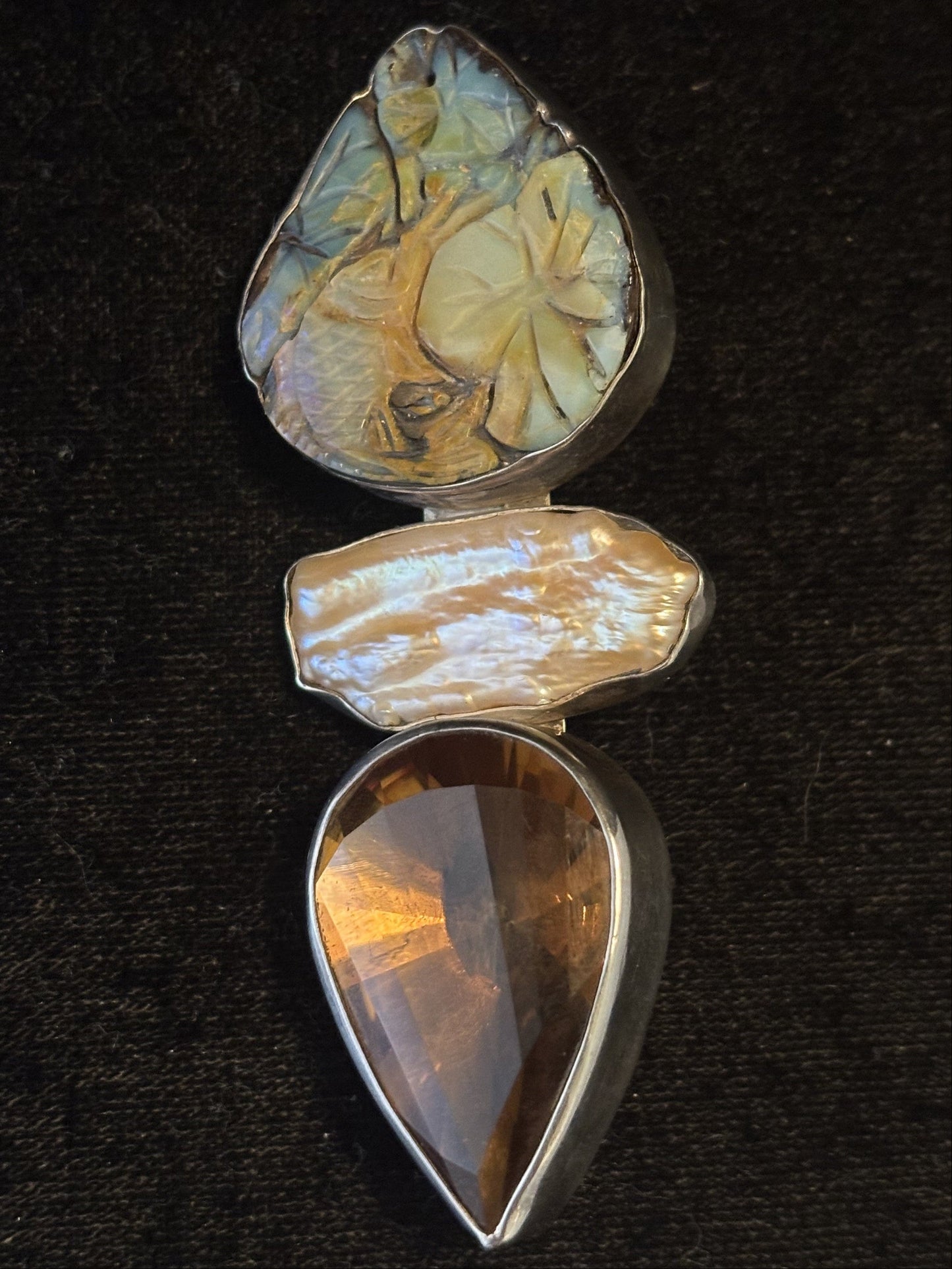 Carved Labradorite, Biwa Pearl, Faceted Topaz Pin