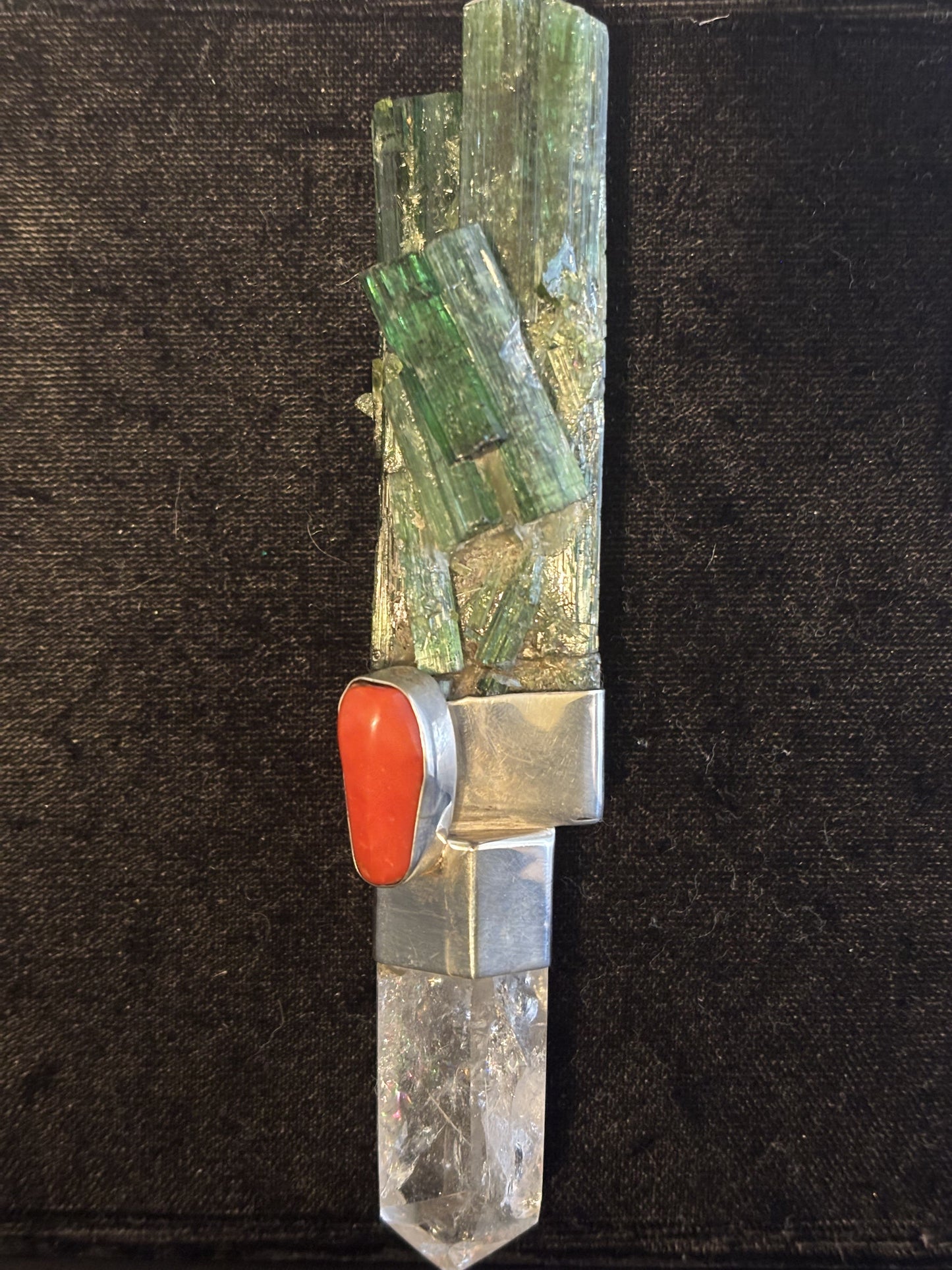 Raw Green Tourmaline, Coral, Crystal Quartz Pin