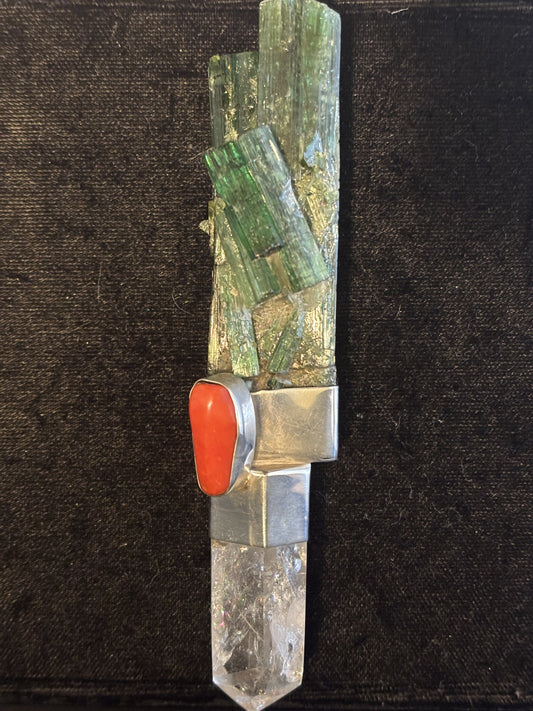 Raw Green Tourmaline, Coral, Crystal Quartz Pin