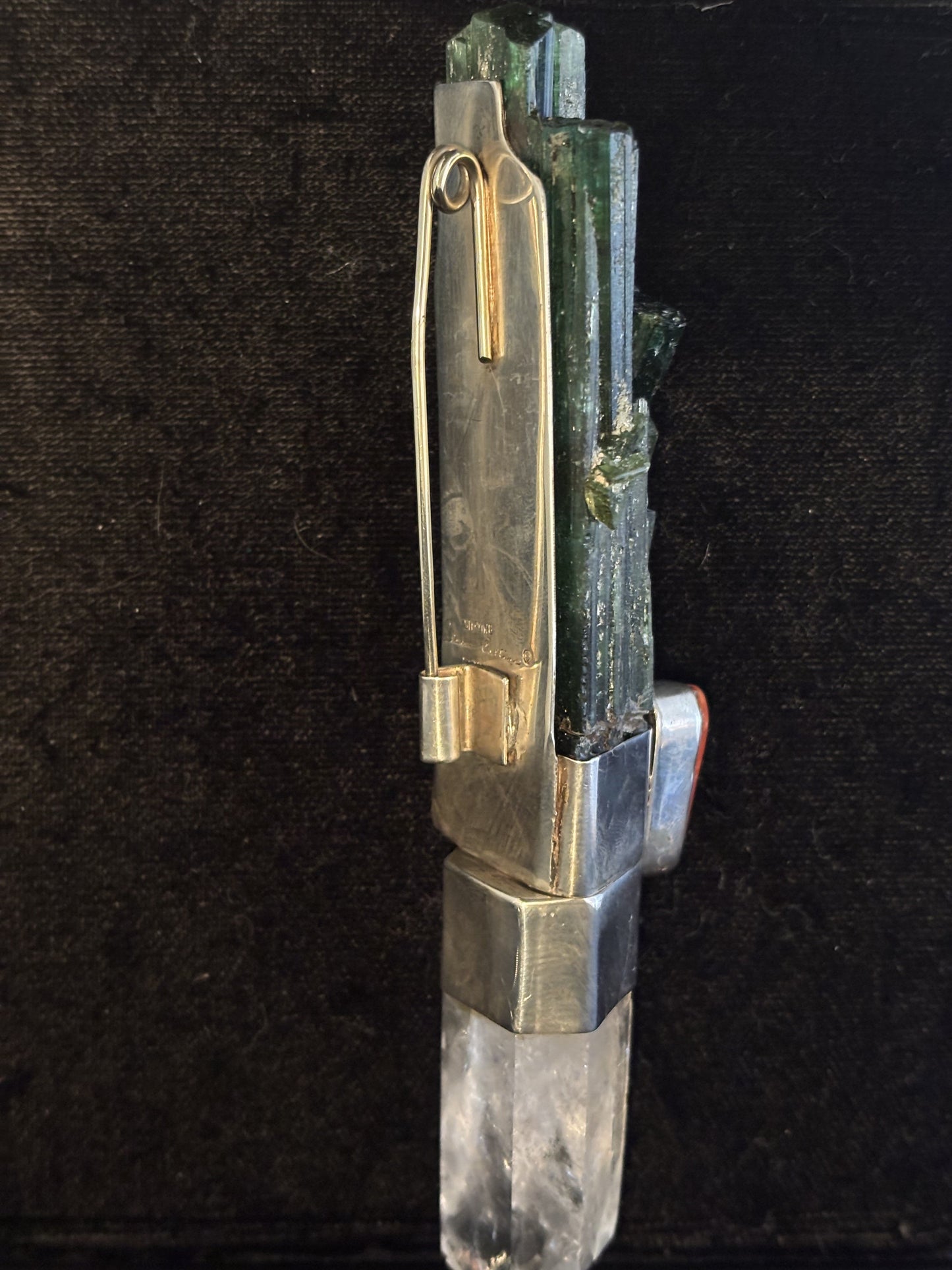 Raw Green Tourmaline, Coral, Crystal Quartz Pin
