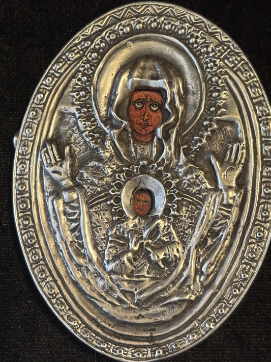 Panagia "Our Lady of the Sign", Eastern Orthodox Christian icon depicting the Virgin Mary and the Christ Child Sterling Silver Icon, Petrified Wood Pin