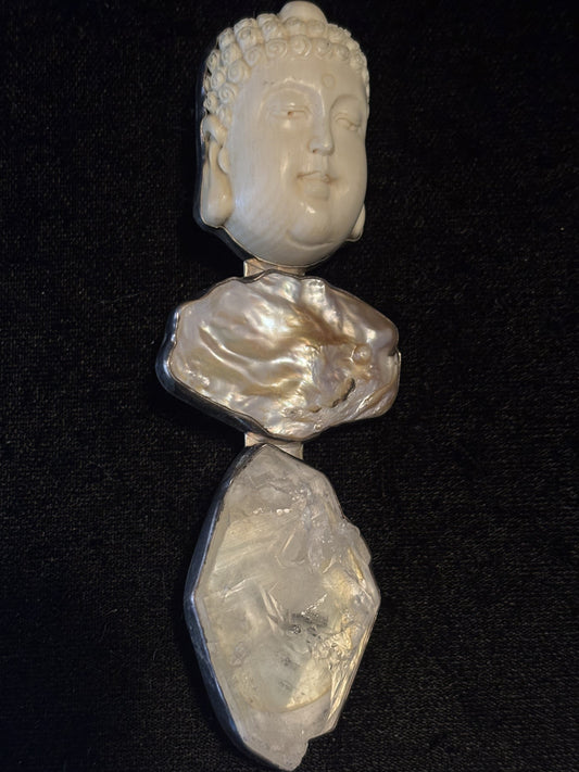 Buddha head, Biwa pearl, Crystal Pin