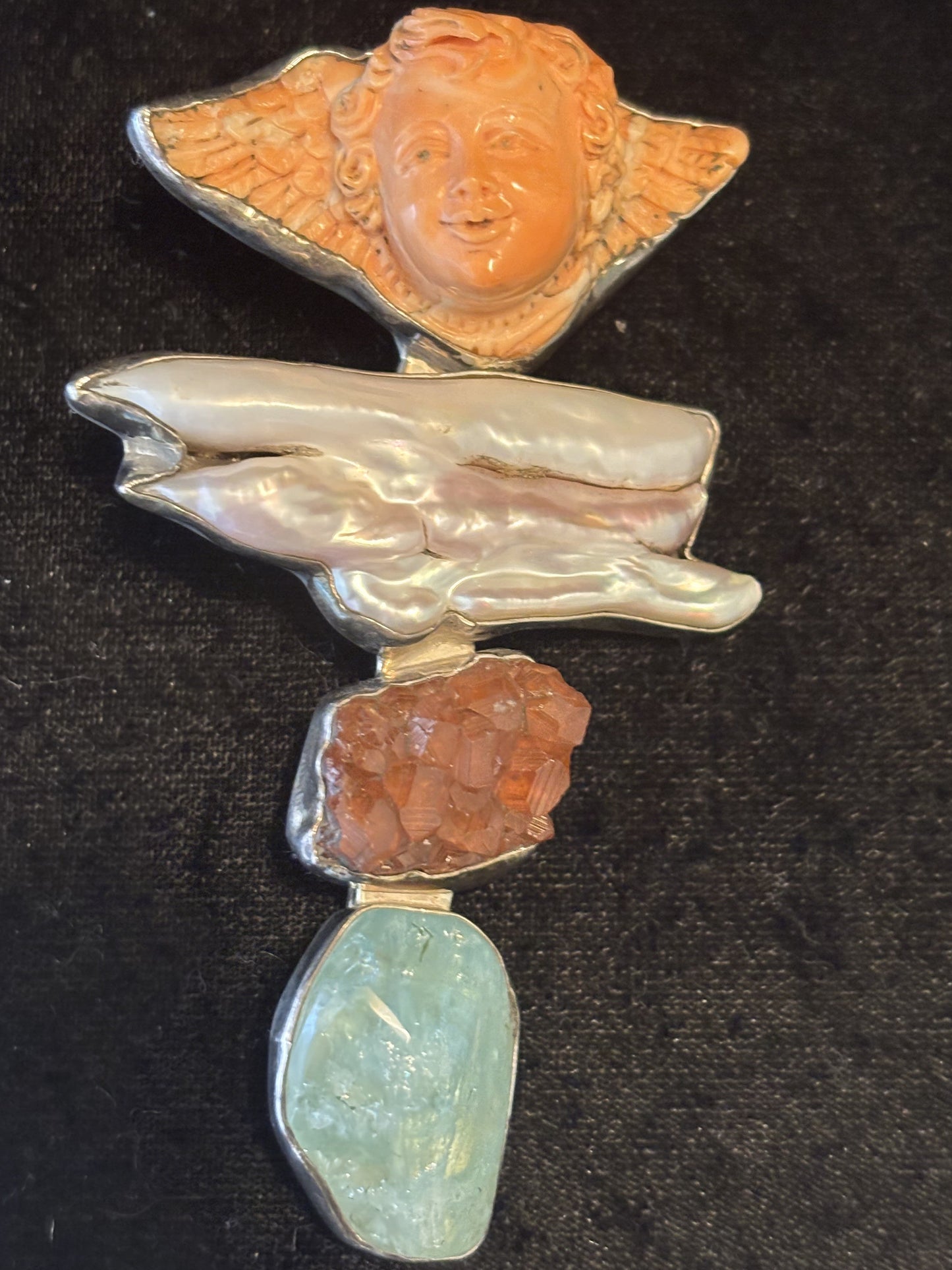 Angel Skin Coral, Biwa Pearl, Hessionite Garnet, Aquamarine Pin