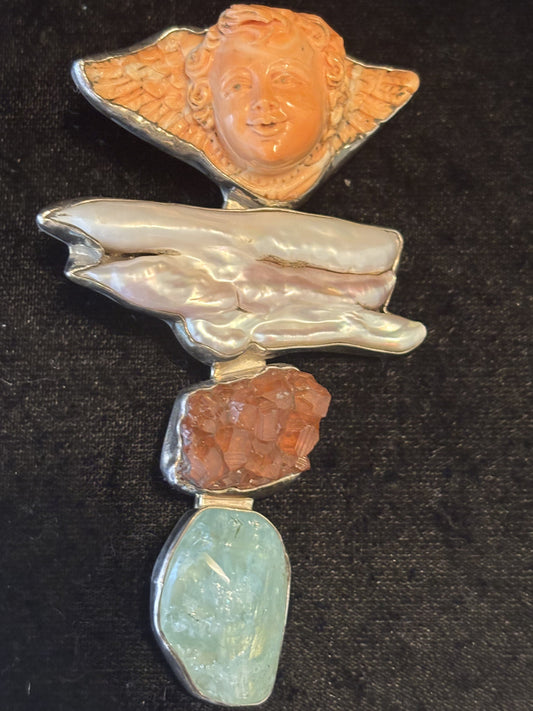 Angel Skin Coral, Biwa Pearl, Hessionite Garnet, Aquamarine Pin
