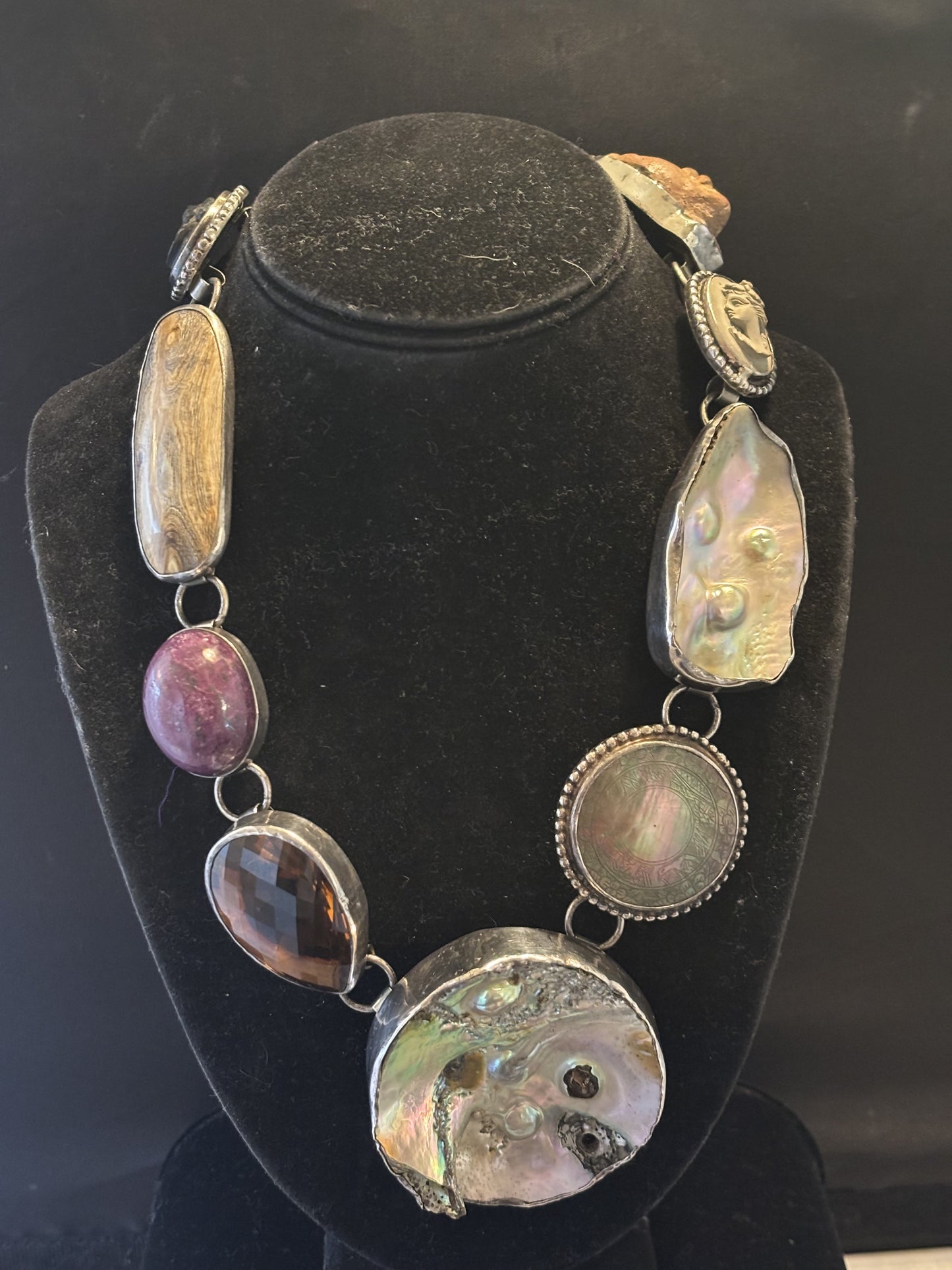 Columbian Artifact, Cameo Lava Stone, Pearl, Mother of Pearl Gamins, Pearl, Topaz, Ruby, Petrified Wood, Lava Stone Necklace
