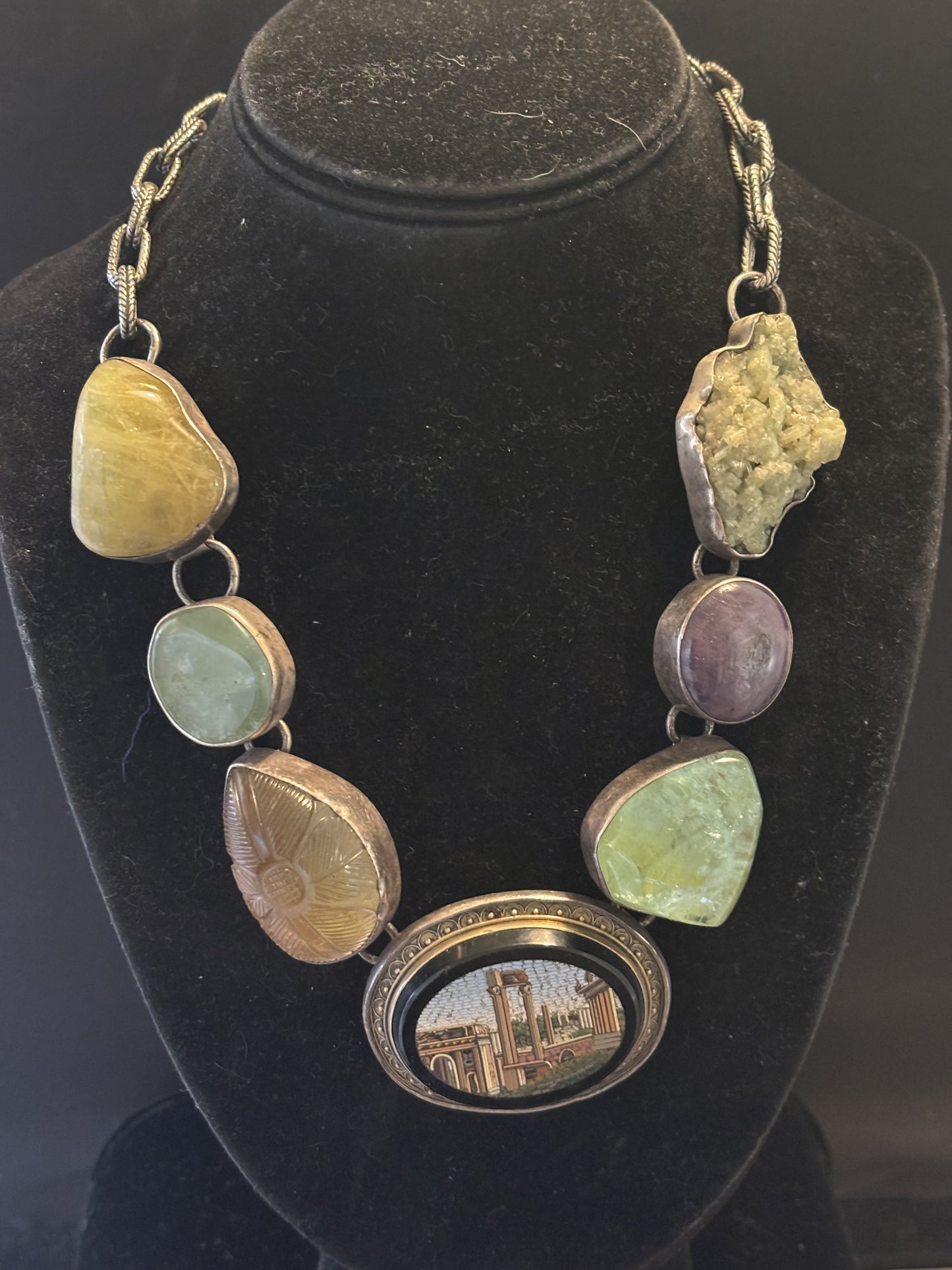 Aquamarine, Ruby, Micro mosaic, Carved Lemon Citrine, Green Prehnite, Vesuvianite Garnet Necklace