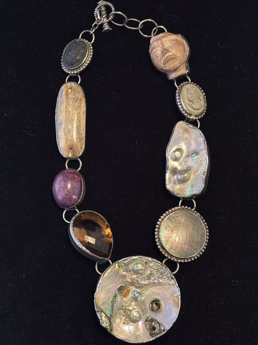 Columbian Artifact, Cameo Lava Stone, Pearl, Mother of Pearl Gamins, Pearl, Topaz, Ruby, Petrified Wood, Lava Stone Necklace