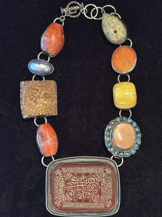 Whorl, Carnelian Agate, Amber, Turquoise Coral, Antique Carnelian Agate, Antique Carnelian Tibetan Bead, Ancient Roman Stamp, Osmena Pearl, Antique Carnelian Tibetan Bead Necklace