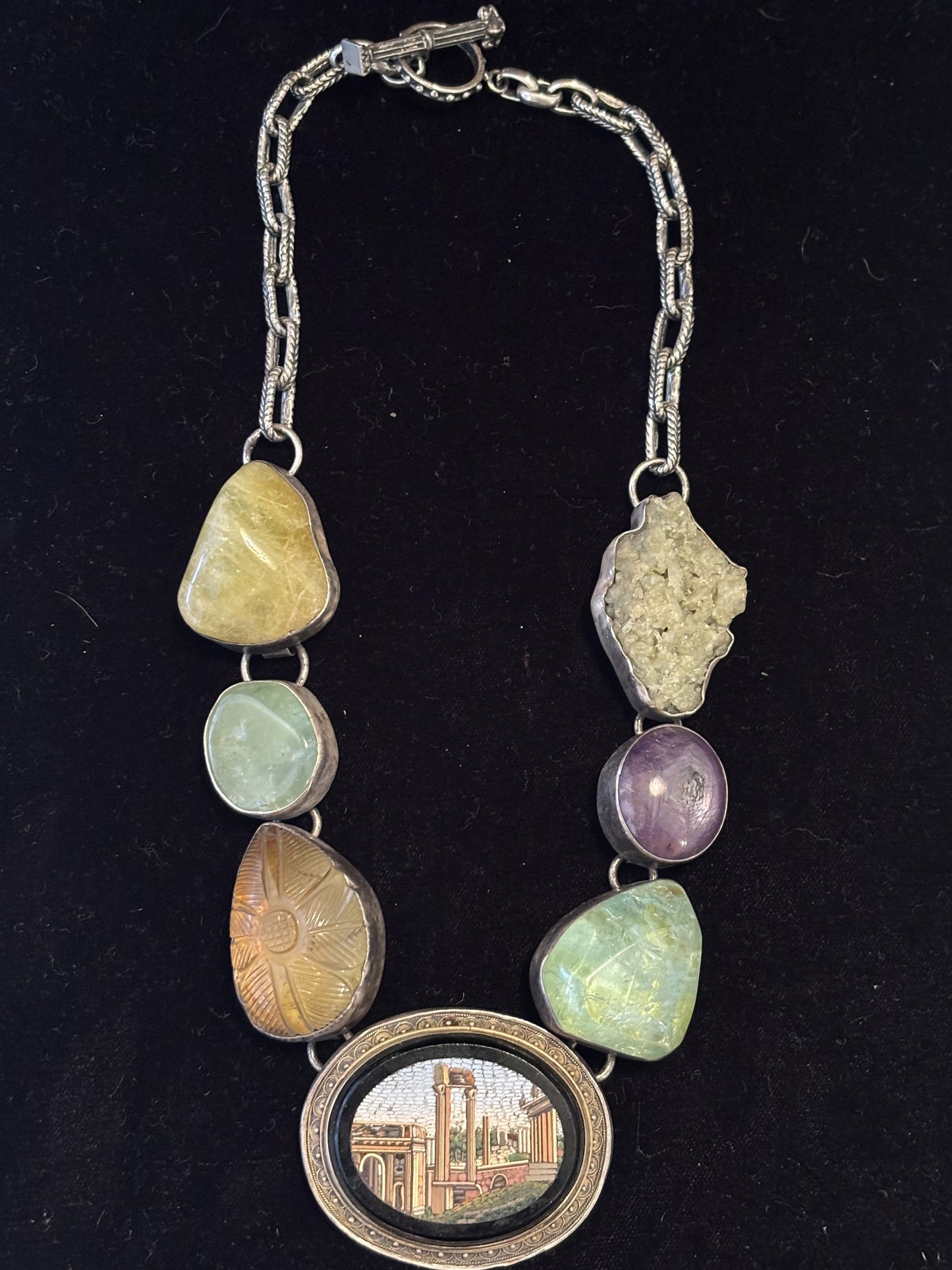 Aquamarine, Ruby, Micro mosaic, Carved Lemon Citrine, Green Prehnite, Vesuvianite Garnet Necklace