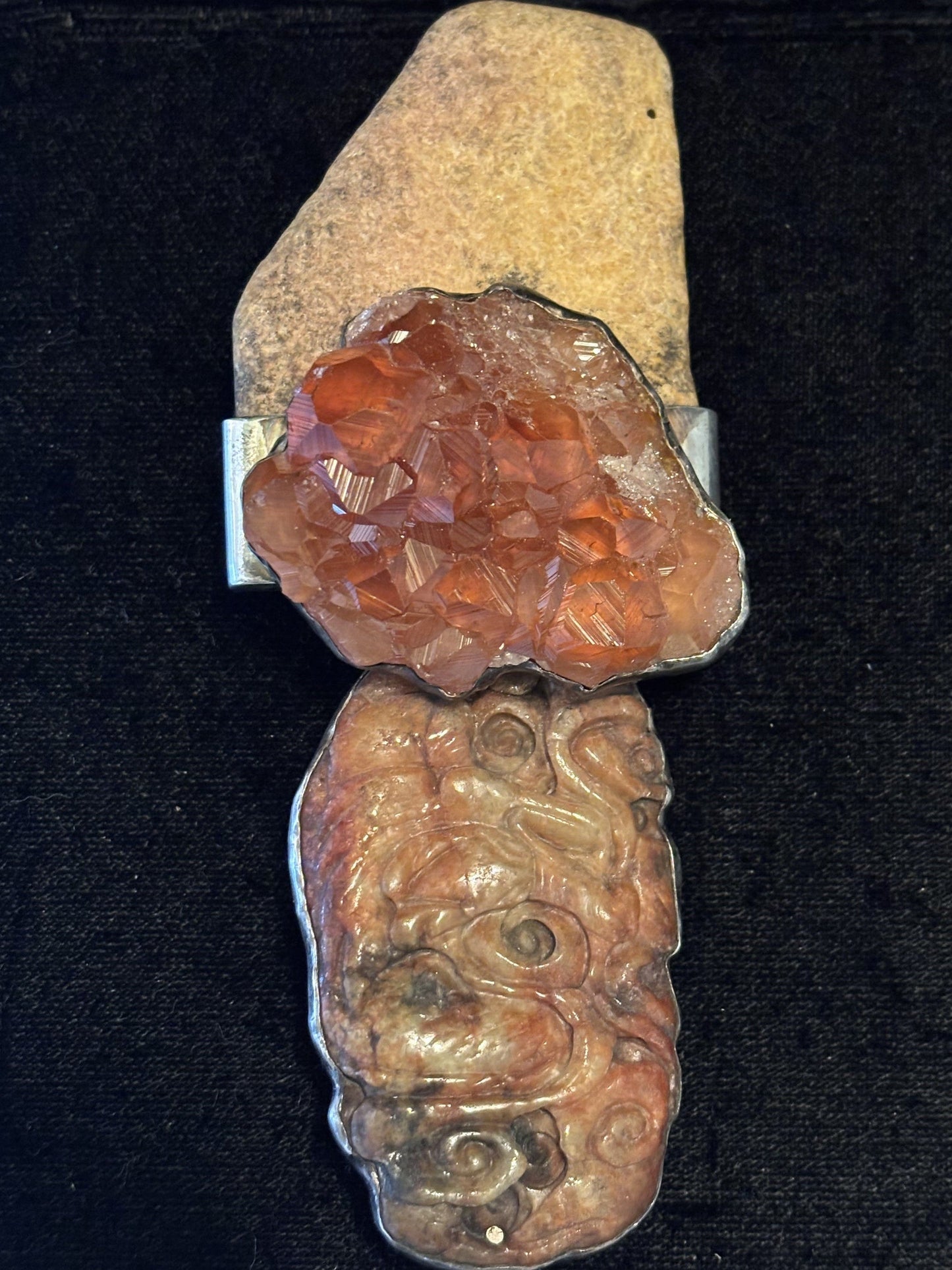 Agate Rock, Hessionite Garnet, Carved Jade Pin