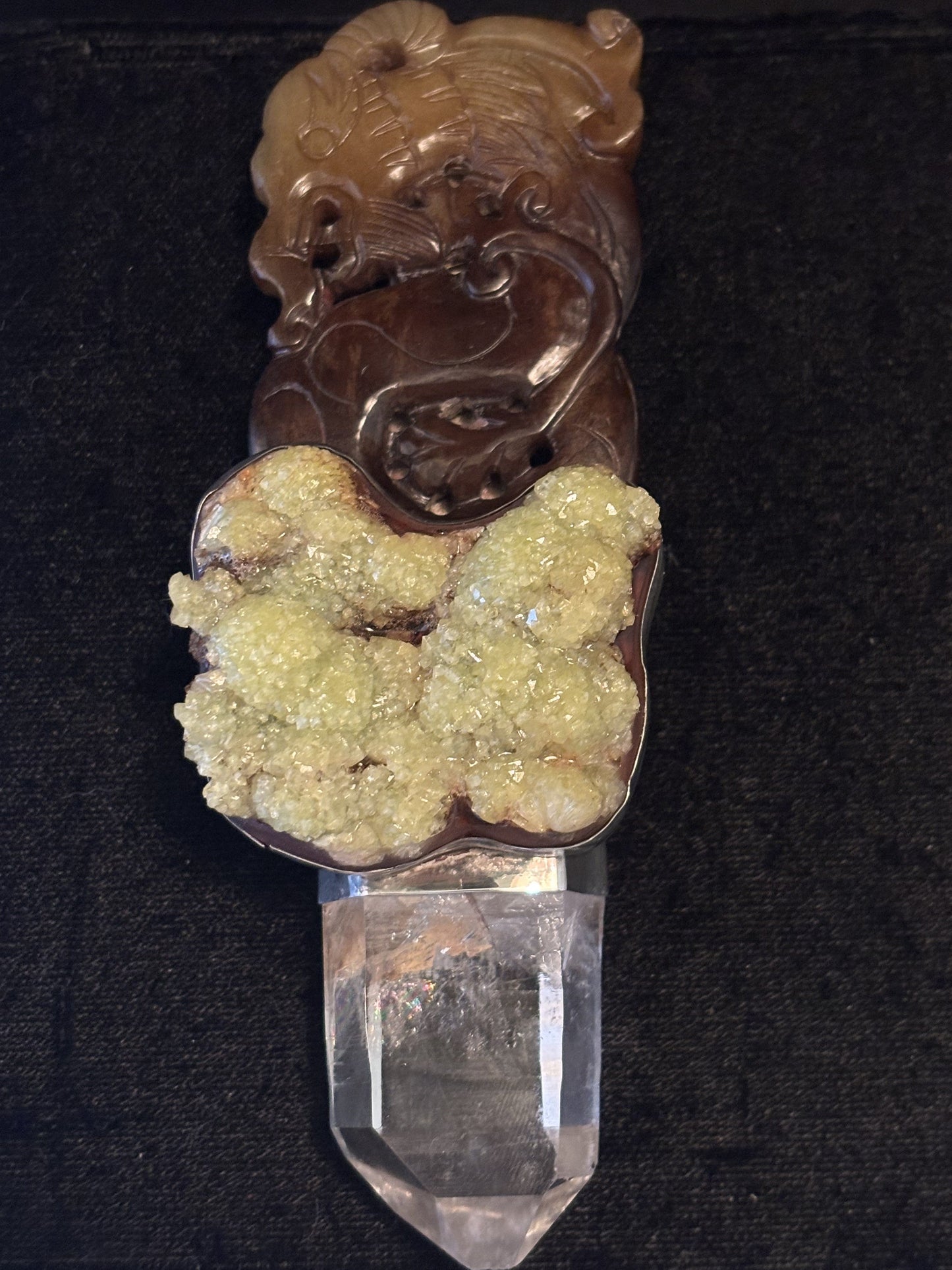 Carved Brown Agate, Light Green Drusy, Crystal Quartz Pin