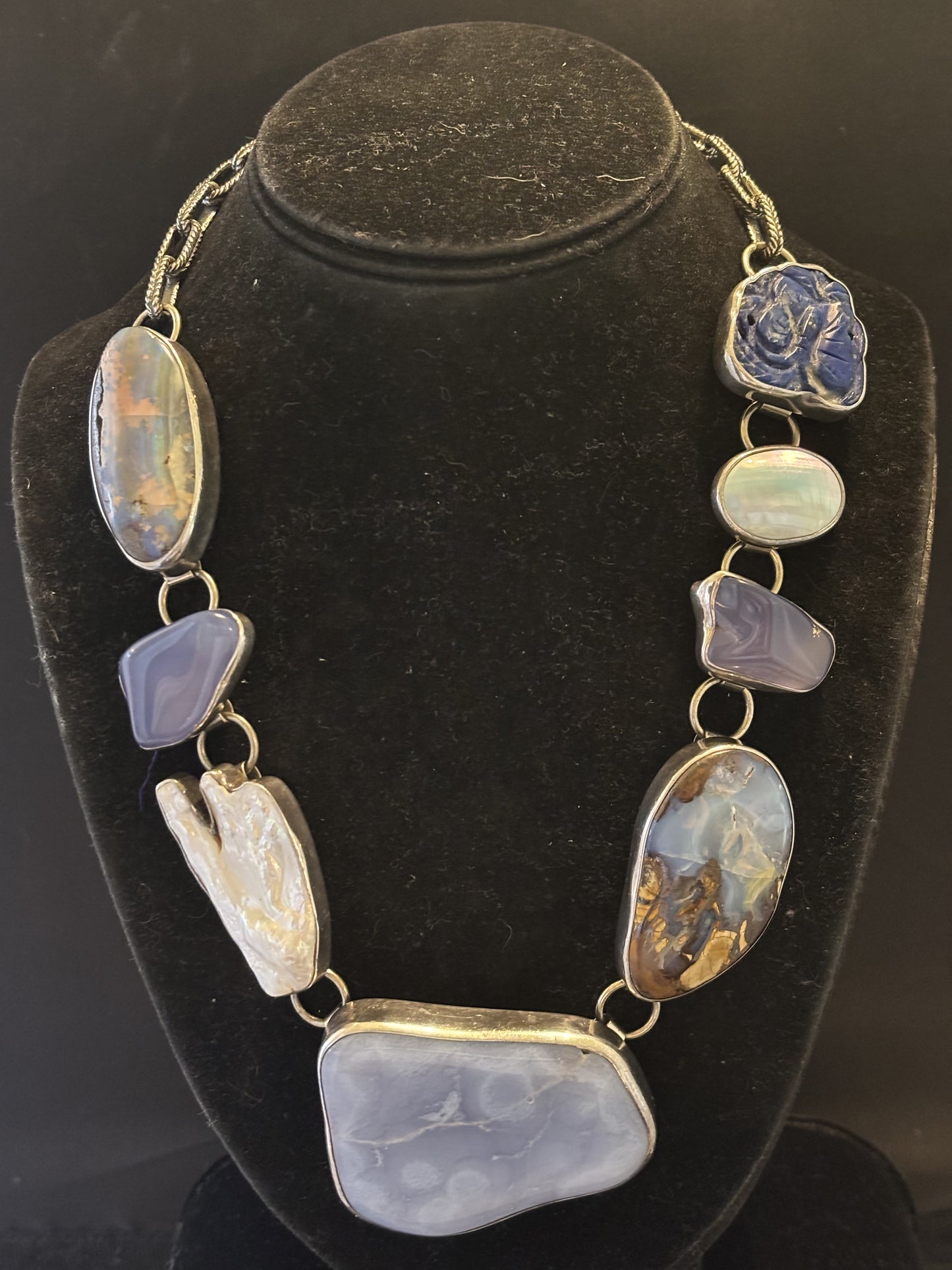Lapis, Pearl, Chalcedony, Boulder Opal, Chalcedony, Biwa Pearl, Chalcedony, Boulder Opal Necklace