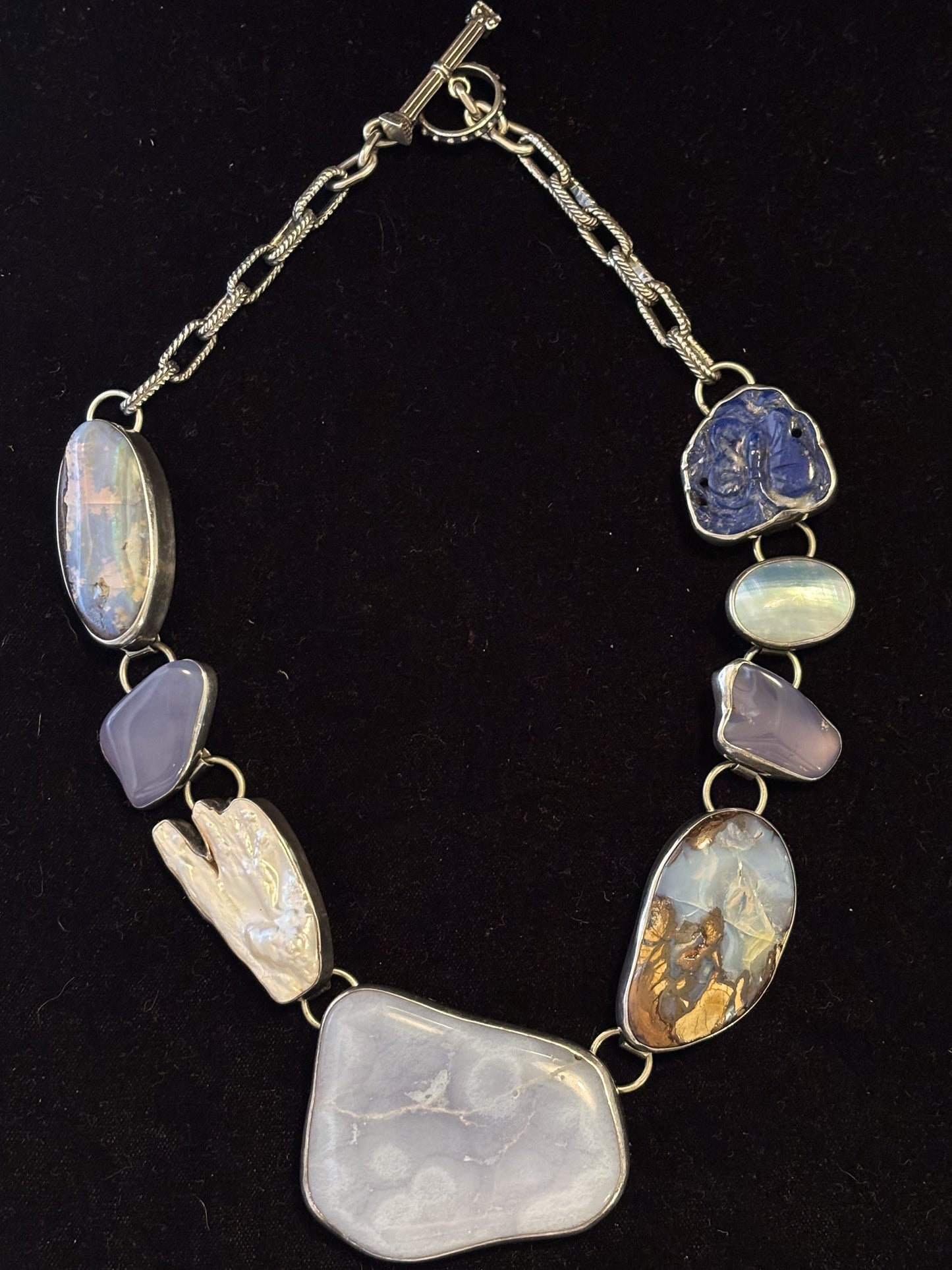 Lapis, Pearl, Chalcedony, Boulder Opal, Chalcedony, Biwa Pearl, Chalcedony, Boulder Opal Necklace