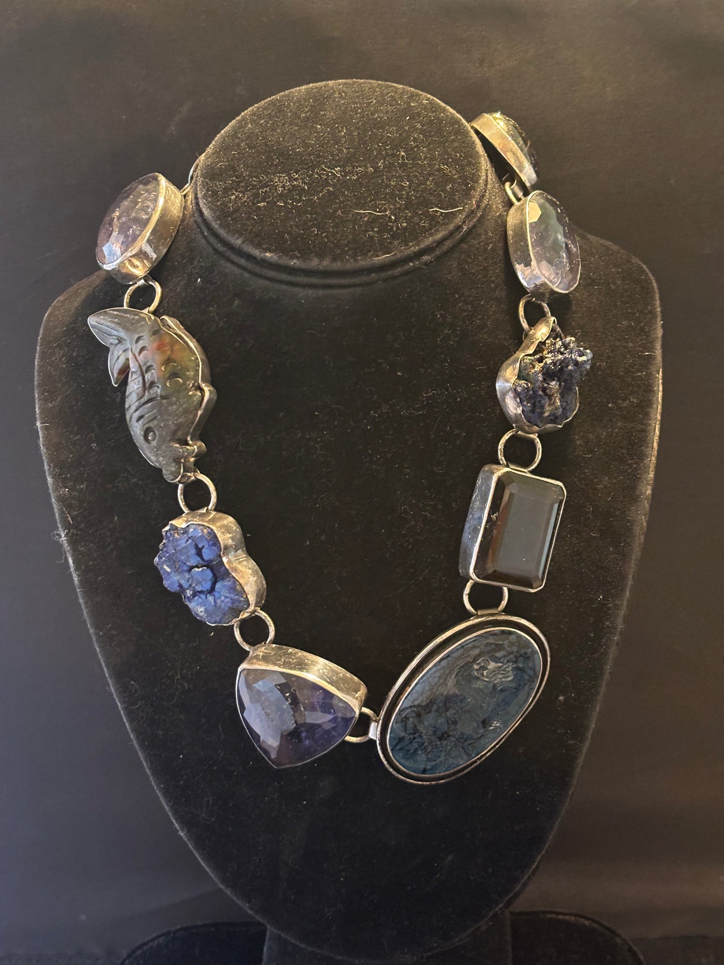 Iolite, Jade, Azurite, Iolite, Carved Intaglio, Smokey Topaz, Azurite, Iolite, Garnet Necklace