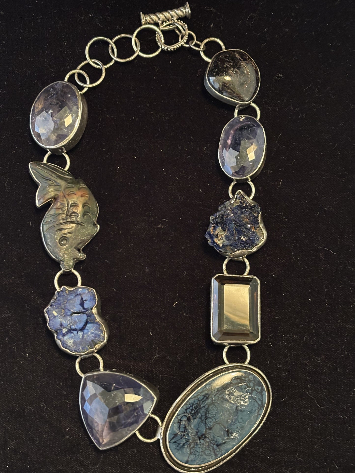 Iolite, Jade, Azurite, Iolite, Carved Intaglio, Smokey Topaz, Azurite, Iolite, Garnet Necklace