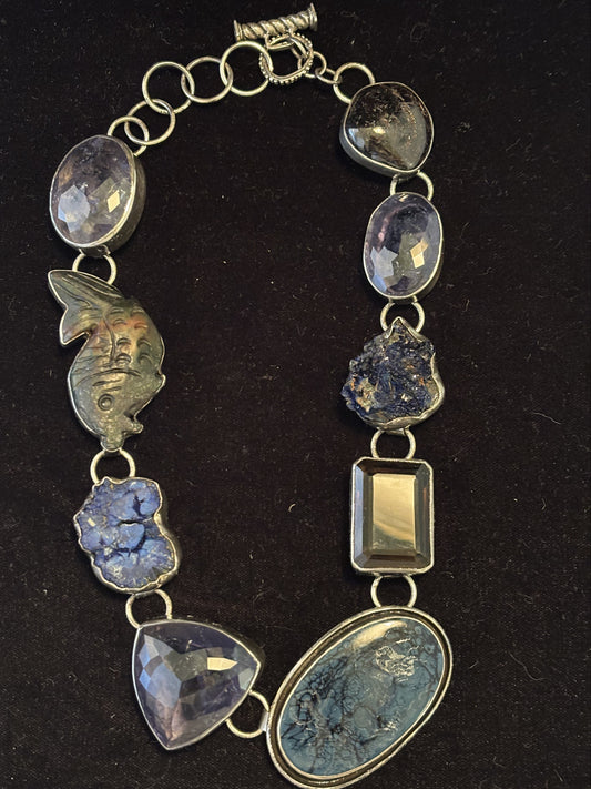 Iolite, Jade, Azurite, Iolite, Carved Intaglio, Smokey Topaz, Azurite, Iolite, Garnet Necklace