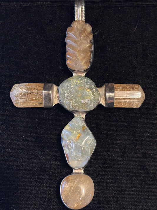 Carved rutilated Quartz, Imperial Topaz, Aquamarine, Rutilated Quartz Pin