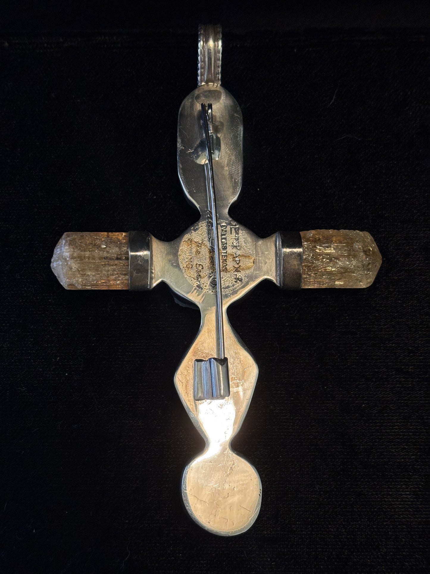 Carved rutilated Quartz, Imperial Topaz, Aquamarine, Rutilated Quartz Pin