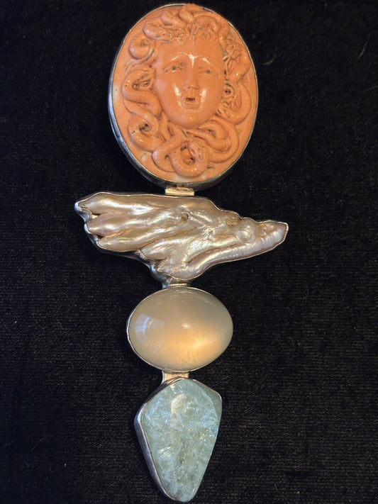 Italian Coral, Biwa, Moon Stone, Aquamarine Pin