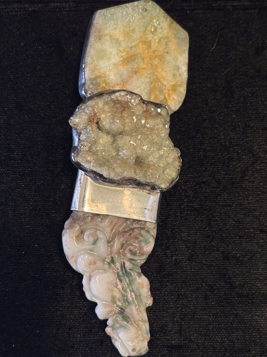 Aquamarine, Prehnite, Jade Pin