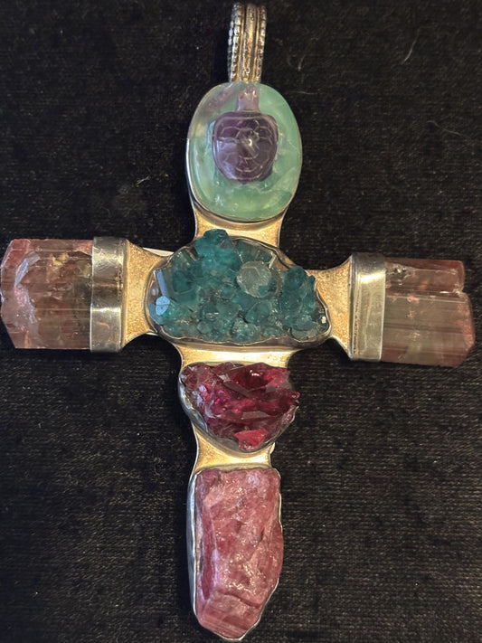 Chrysoprase, Tourmaline, Emerald, Ruby Pin
